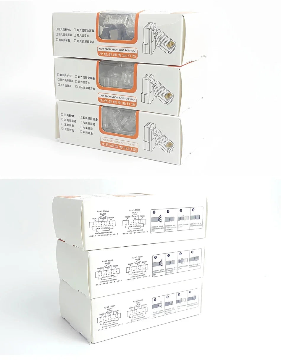 100Pcs Bulk Cat5e/Cat6 RJ45 Connectors Gold Plated for Gigabit Ethernet 100M/1000Mbps High-Speed Network Cable Plug