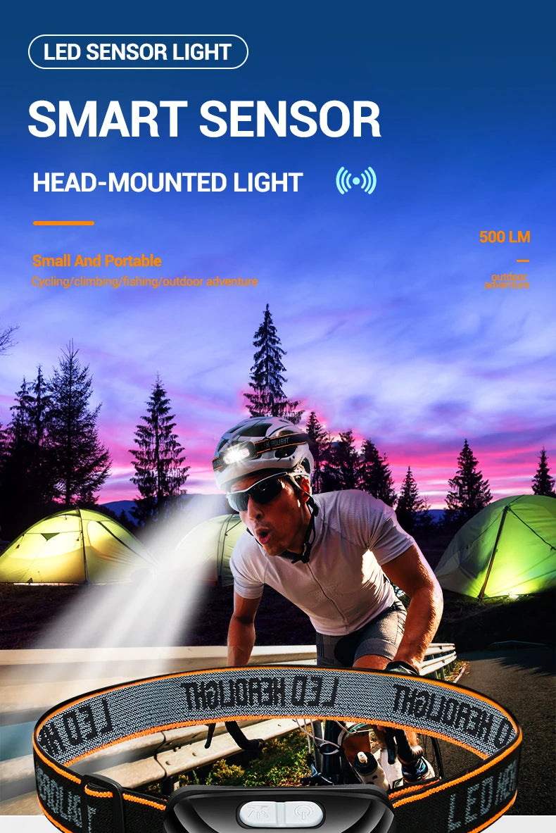 USB Rechargeable Sensor Headlamp LED Head Torch Built-in Battery Head Flashlight for Outdoor Camping Fishing Headlight Lantern