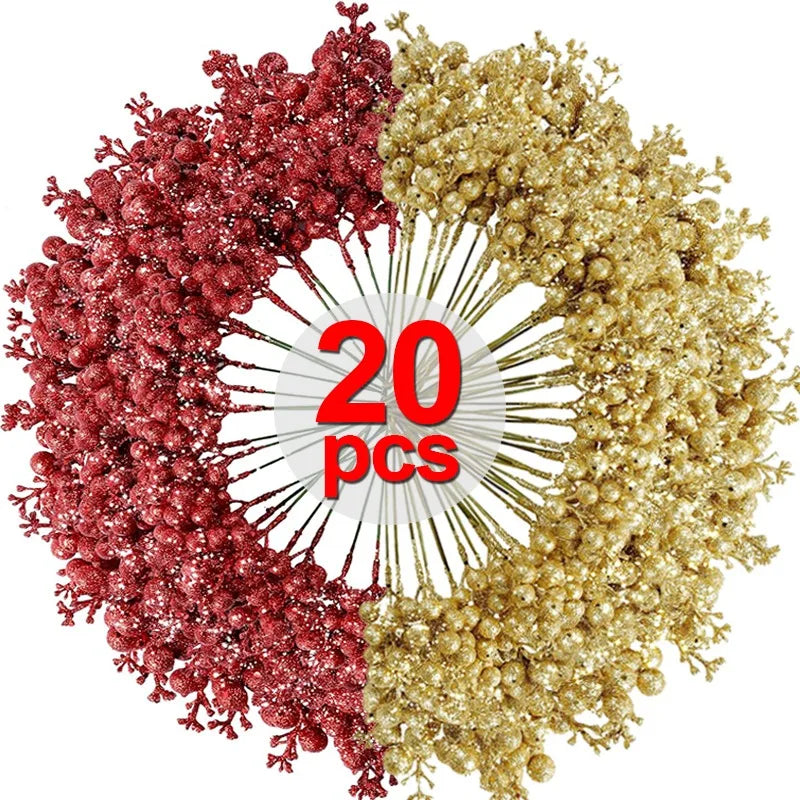 Christmas Artificial Berries Branch Glitter Red Holly Berry Flowers Bouquet Fake Plants New Year Party Festival Home Decoration