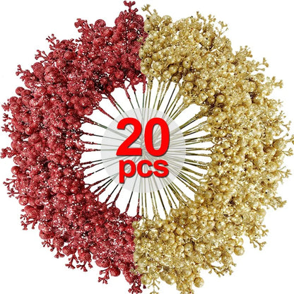 Christmas Artificial Berries Branch Glitter Red Holly Berry Flowers Bouquet Fake Plants New Year Party Festival Home Decoration