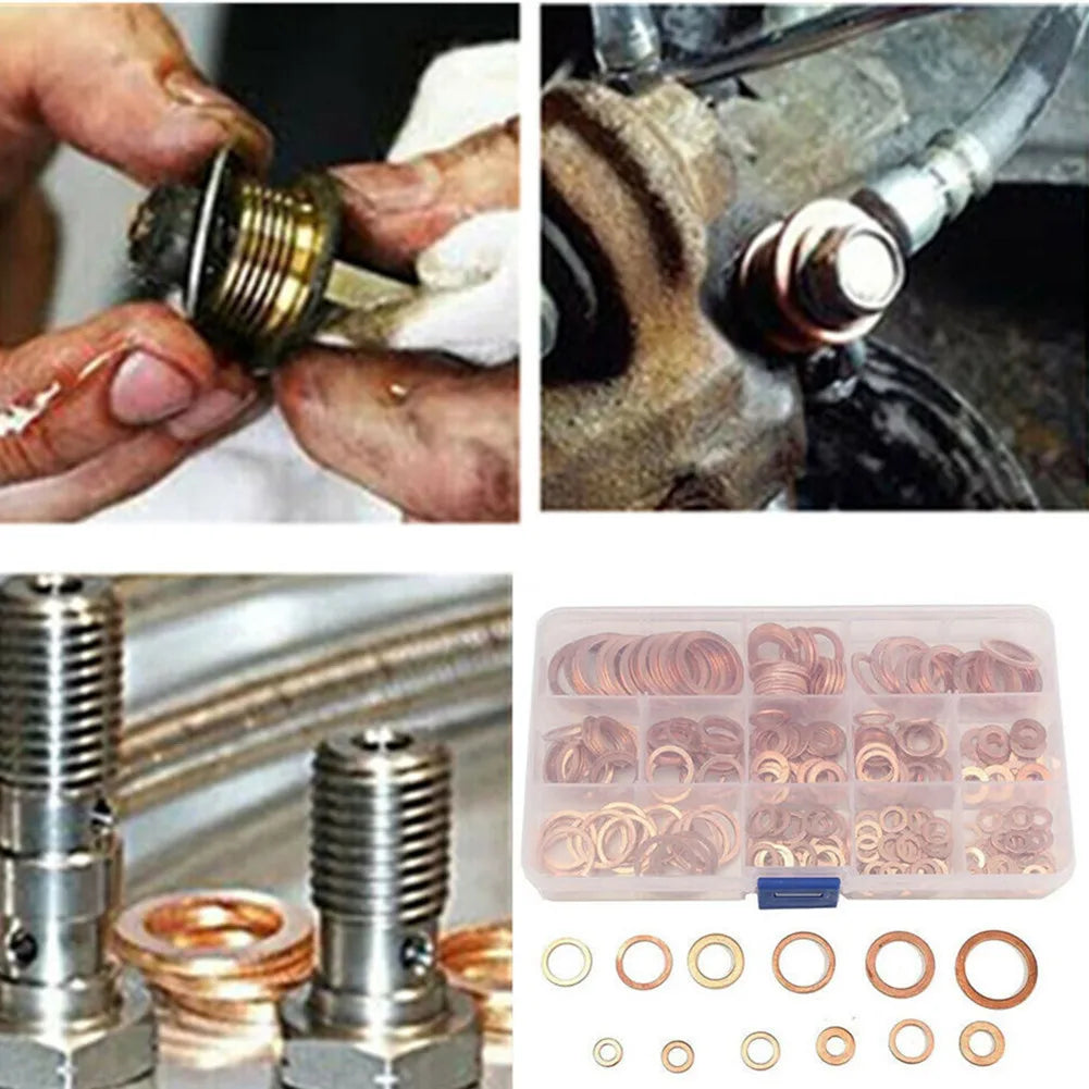 150PCS M5–M22 Copper Crush Washer Gasket Set — Flat Ring Seal Assortment Kit for Oil Pan &amp; Hydraulic Fittings