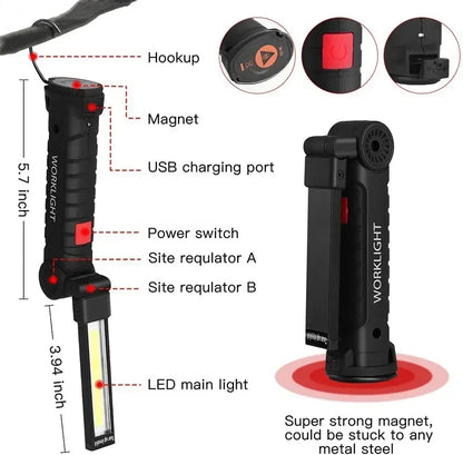 High Power LED Work Light 5 Lighting Mode Rechargeable Flashlight Inspection Lamp with Magnetic Power Bank 18650 Battery Torch