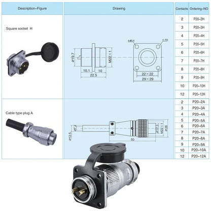 PLS20 WS20 TP20 Aviation Connector 20mm Opening Diameter 2-12 Pin Male Female Circular Plug Socket Metal Shell Waterproof IP67