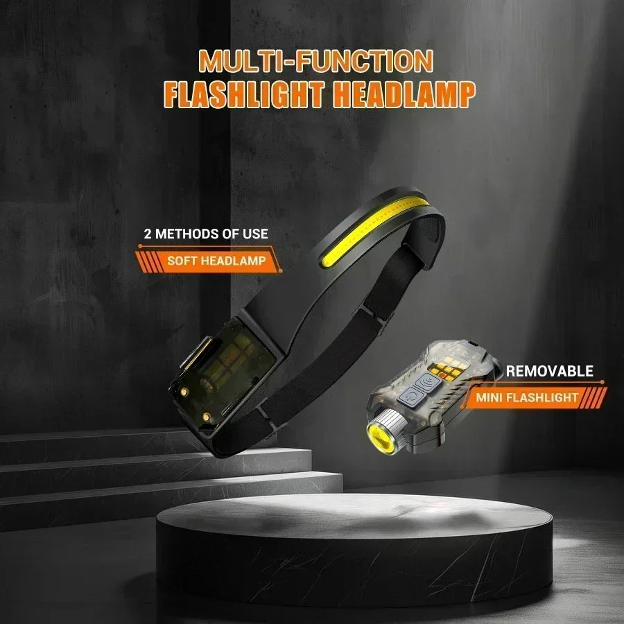 LED+COB Dual Light Source Induction Headlight Detachable 2-in-1 Flashlight 9-level Dimming Outdoor Multifunctional Fishing Torch