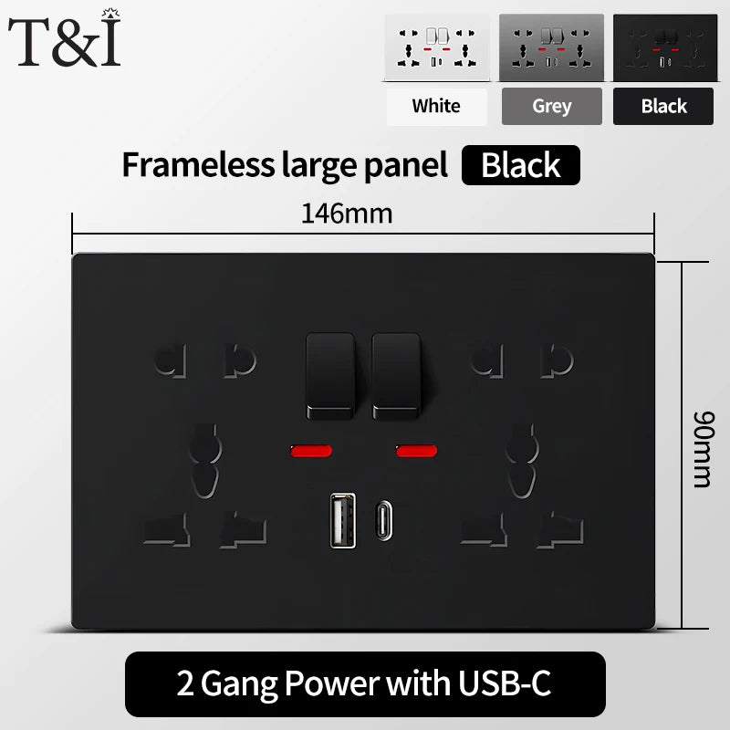Universal Wall Socket with USB-C and USB Charger 2 Gang Power Outlet with Switch Flush Mount AC 110-250V