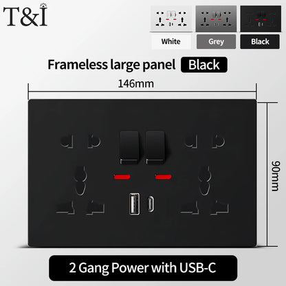 Universal Wall Socket with USB-C and USB Charger 2 Gang Power Outlet with Switch Flush Mount AC 110-250V
