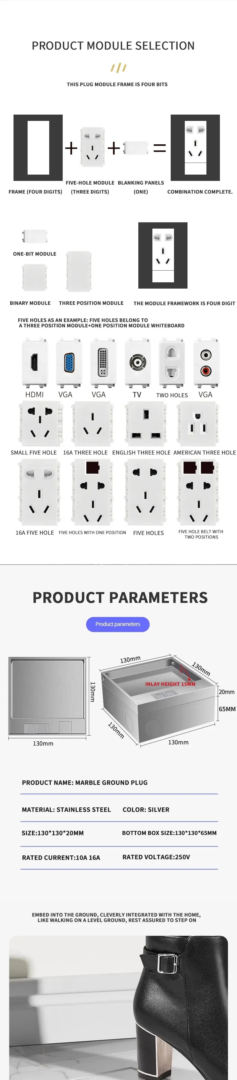 Hidden Floor Socket with USB Charging Ports 304 Stainless Steel Underground Power Outlet EU FR BR IL IT Standard 130×130mm