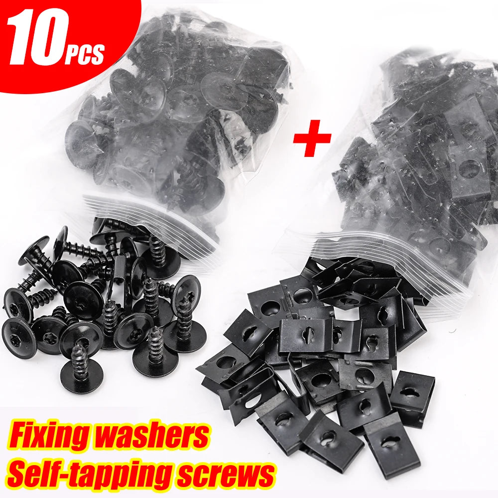 U-Shaped Metal Spacers & Self-Tapping Screws Kit for Car & Motorcycle — M4 M5 Iron U-Clips Fastener Set