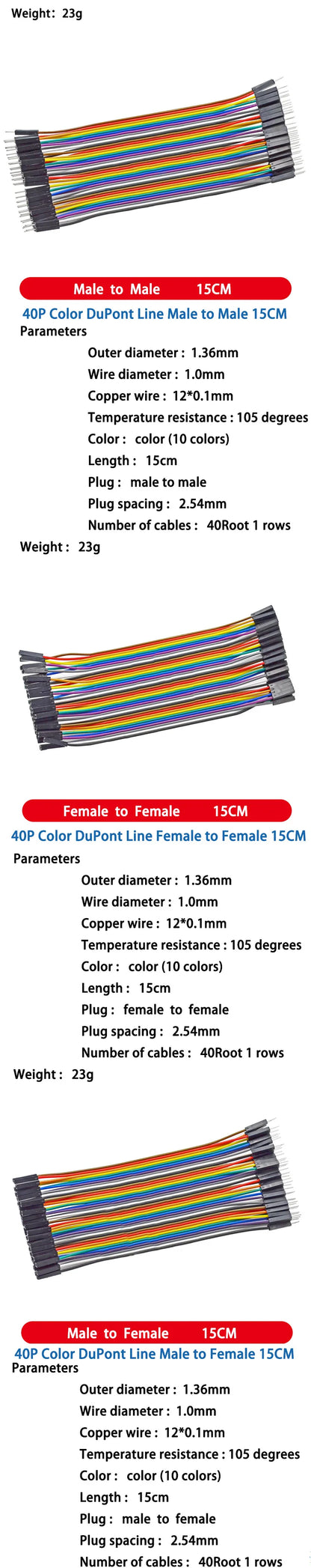 DuPont Jumper Wires Female to Female, Male to Female, and Male to Male