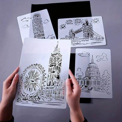 A4 DIY Painting Wall Stencil Airbrush   Drawing Copy Templates London Bridge Big Ben castle Burj Al Arab Five Towers White House