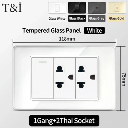 118x75mm Tempered Glass US Thai Socket Dual USB-C Ports 2 AC Outlets 110V Scratch-Resistant Panel