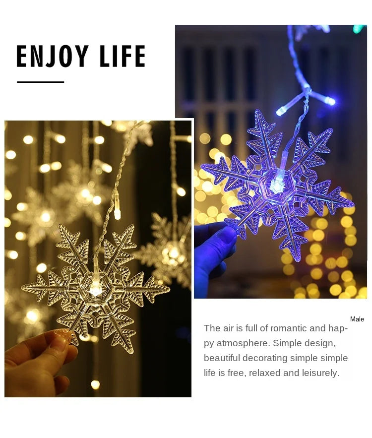 2026 Xmas Wedding Party Decoration 3.2M Christmas Snowflakes LED String Lights Flashing Fairy Curtain Waterproof