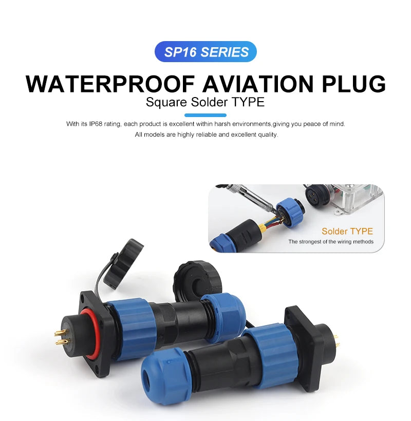SP16 Square Waterproof Connector Plug Socket 2-9 Pin IP68 Aviation Male Female Electrical Wire Cable Connector