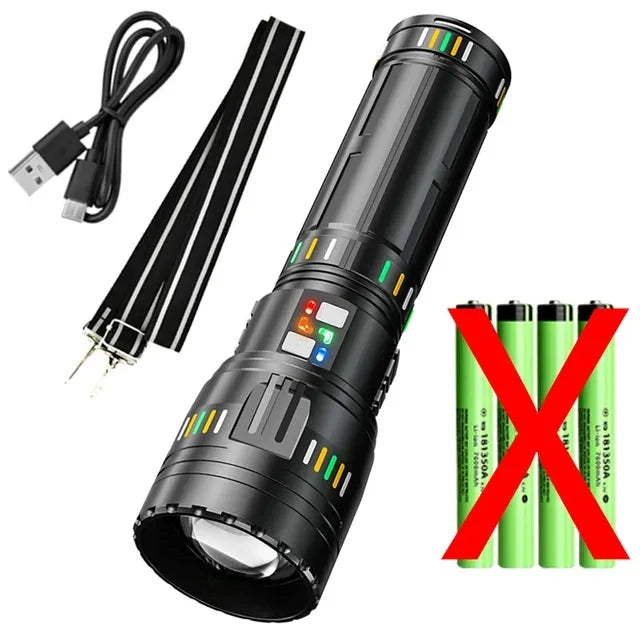 Long Range LED Flashlight Zoom Tactical Torch Type-C Display