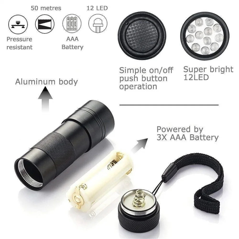 9-128 LED Ultraviolet Blacklight UV Light Lamp Detector for Dog Urine Stains Outdoor Waterproof 9-100 LED UV Flashlight Camping