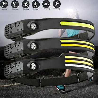 COB LED Headlamp USB Rechargeable Head Torch 5 Modes Built-in Battery