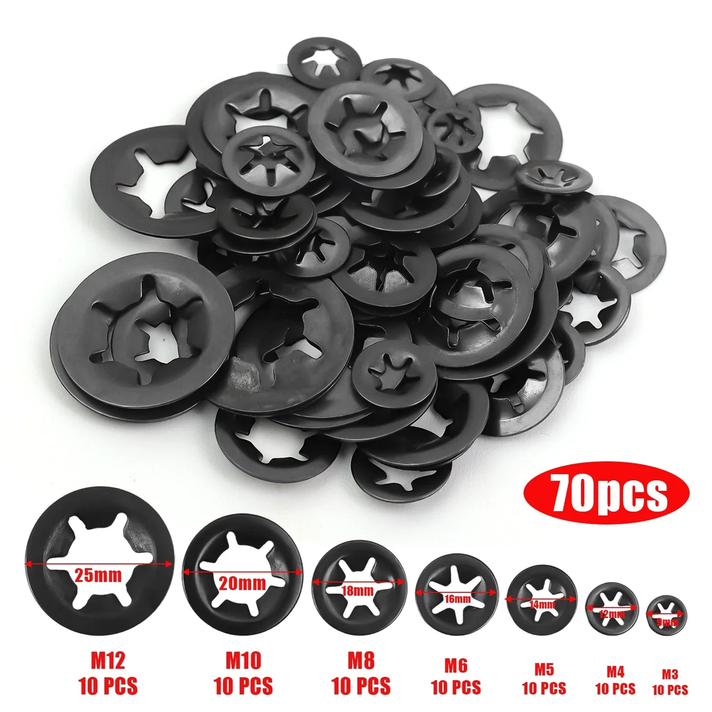 Internal Tooth Star Lock Washers Assortment Kit — Push-On Locking Washers Quick Speed Star Nut Locking Clips Fastener