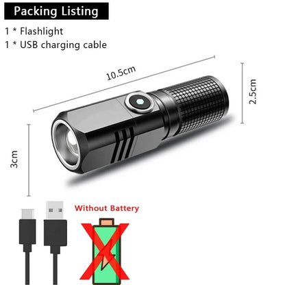 Super Bright Mini LED Flashlight USB Rechargeable Zoom Tactical Flashlight 3 Lighting Mode Outdoor Camping Fishing Torch