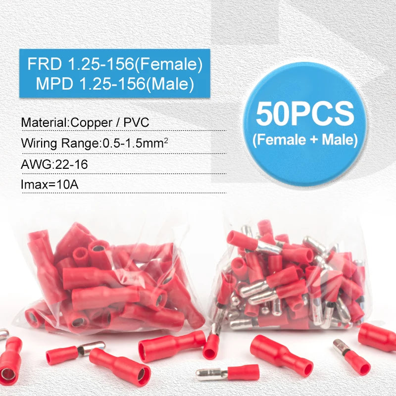 50PCS 25Set MPD FRD PVC Bullet Shaped Female Male Butt Insulating Terminal Electrical Audio Wire Crimp Connector