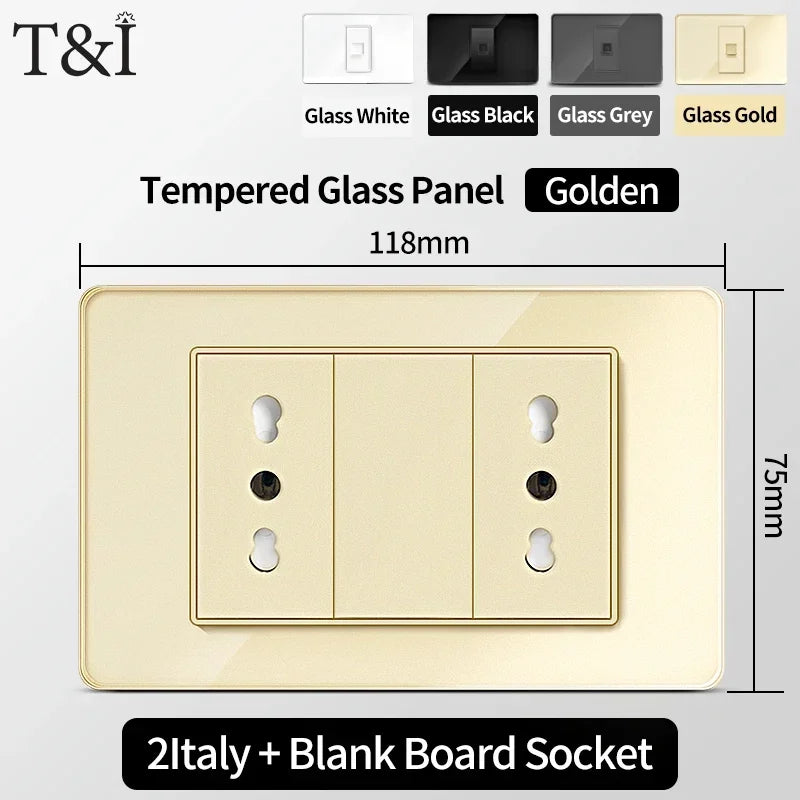 118-Style EU/CL Dual Socket with USB-C PD 20W Tempered Glass Italy & Chile Outlet for Home Office