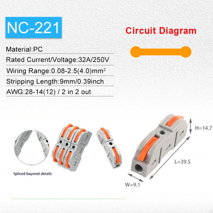 34/50pcs Lever Wire Connector Quick Connection 28-12 AWG 1-to-1 In-Line Compact Splice Insulated Terminal