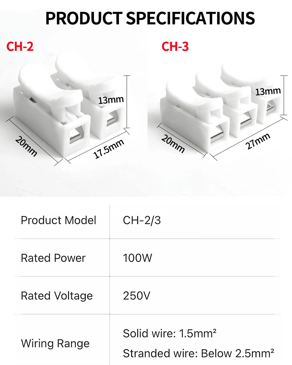 CH2 CH3 Quick Push Wire Connector 2Pin 3Pin Spring Loaded Terminal Block Flame Retardant Electrical Connector for Wiring