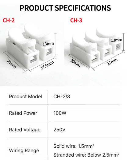 CH2 CH3 Quick Push Wire Connector 2Pin 3Pin Spring Loaded Terminal Block Flame Retardant Electrical Connector for Wiring