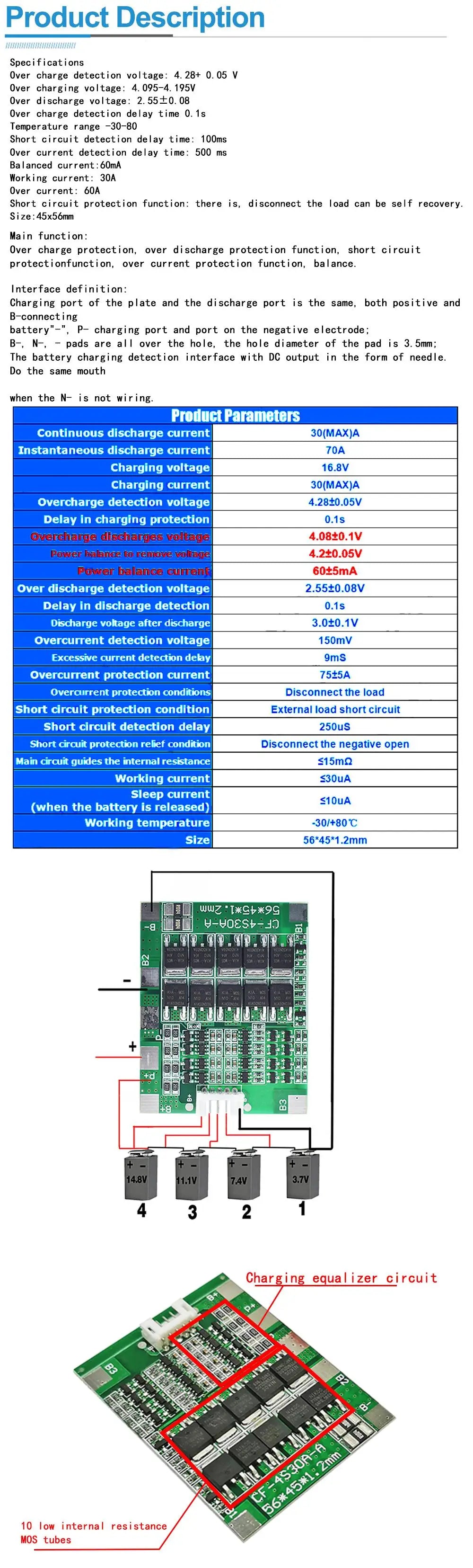 4S 14.8V 30A Li-ion Battery BMS Protection Board with Balancing for 18650 Packs