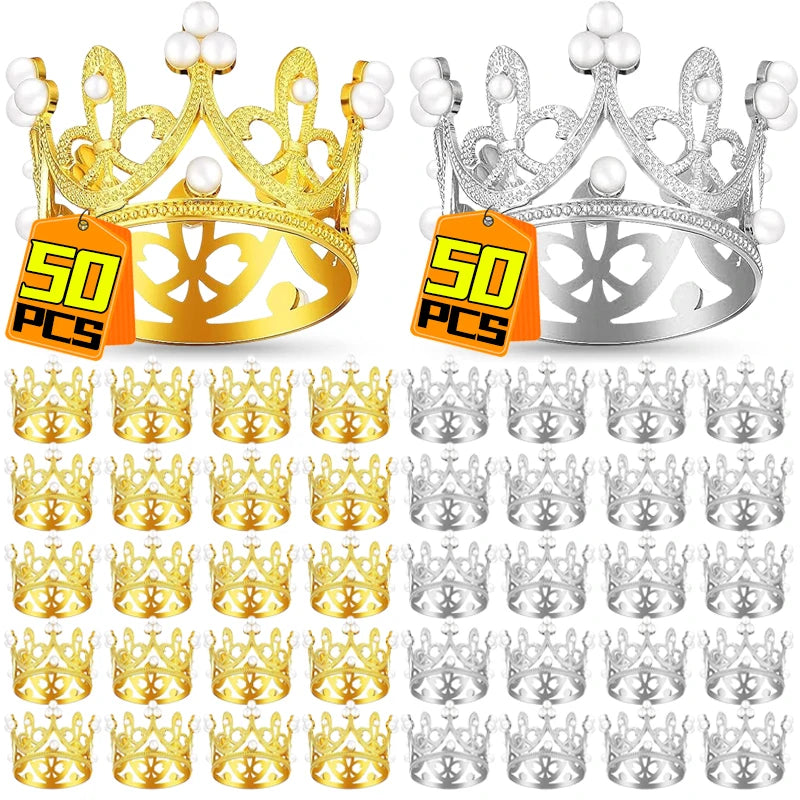 Wholesale Crown Cake Decoration Gold Silver Pearl Crown Topper Mini Princess Headwear Decoration Birthday Wedding Decor Supplies