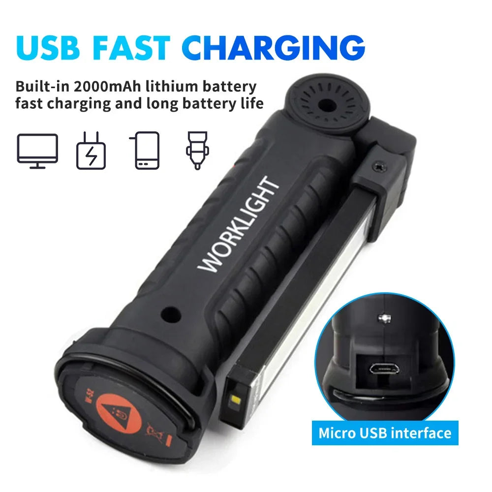 Folding COB XPE LED Work Light Flashlight USB Rechargeable Torch Magnetic Base & Hook, Emergency Car Inspection Lamp Red SOS
