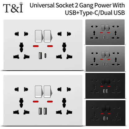 Universal Wall Socket 2-Gang Power Outlet with Switches, USB-C Charging Port, LED Indicator, Flush Mount, AC 110-250V