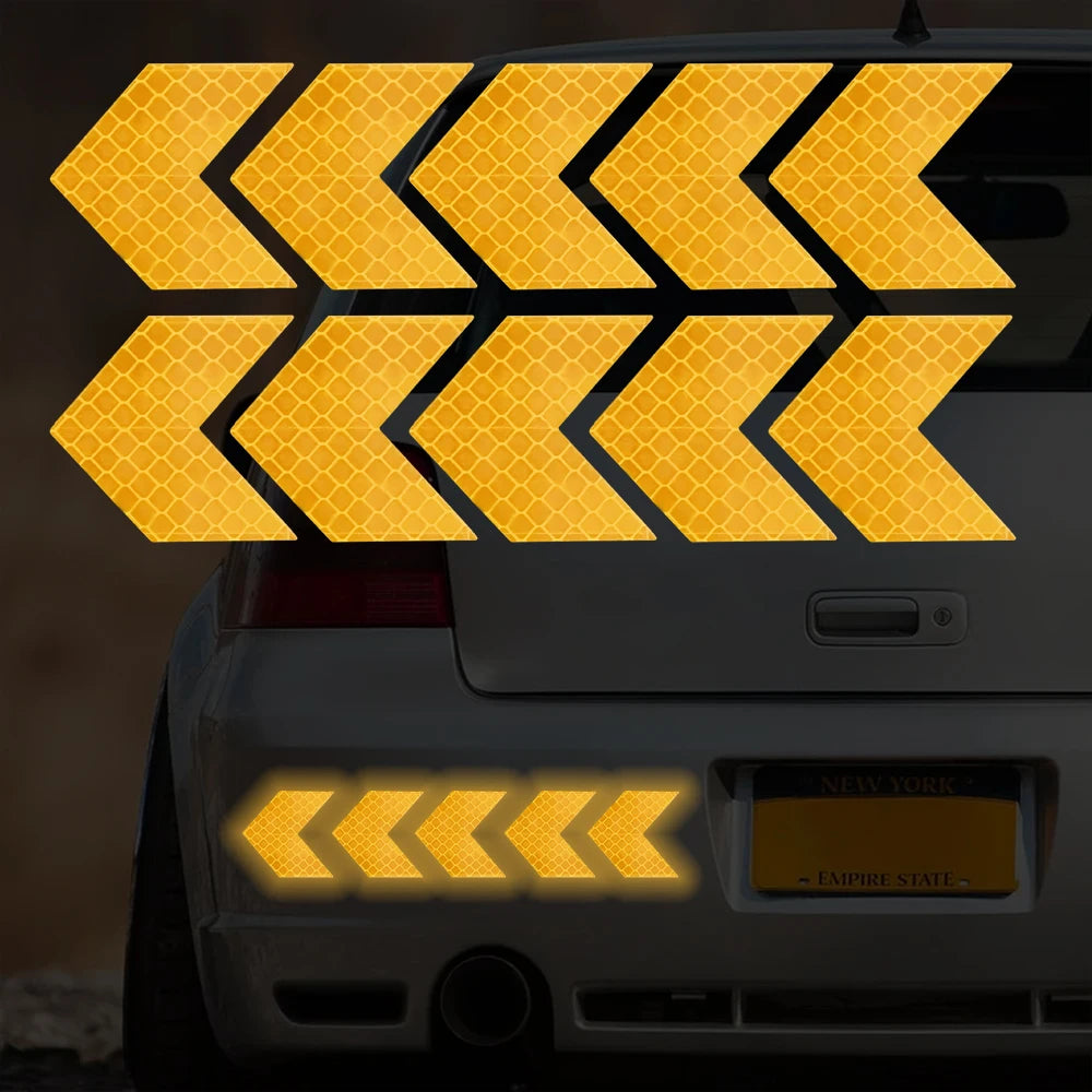 Car Reflective Arrow Stickers with Luminous Film – Hazard Warning Safety Decals for Car Bumper & Trunk (10pcs)