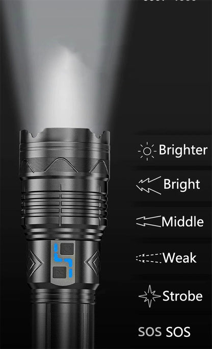 Powerful LED Flashlight GT60 High Power Tactical Zoomable Torch USB Rechargeable Outdoor Camping Lantern with Power Display