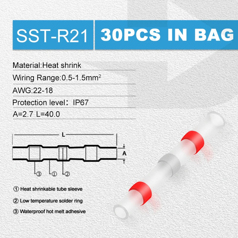 30pcs Heat Shrink Tube Solder Ring Terminal Insulation Waterproof Wiring Terminal Wire Docking Quick Terminal