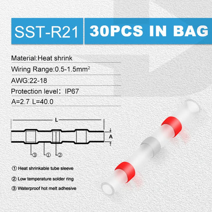 30pcs Heat Shrink Tube Solder Ring Terminal Insulation Waterproof Wiring Terminal Wire Docking Quick Terminal