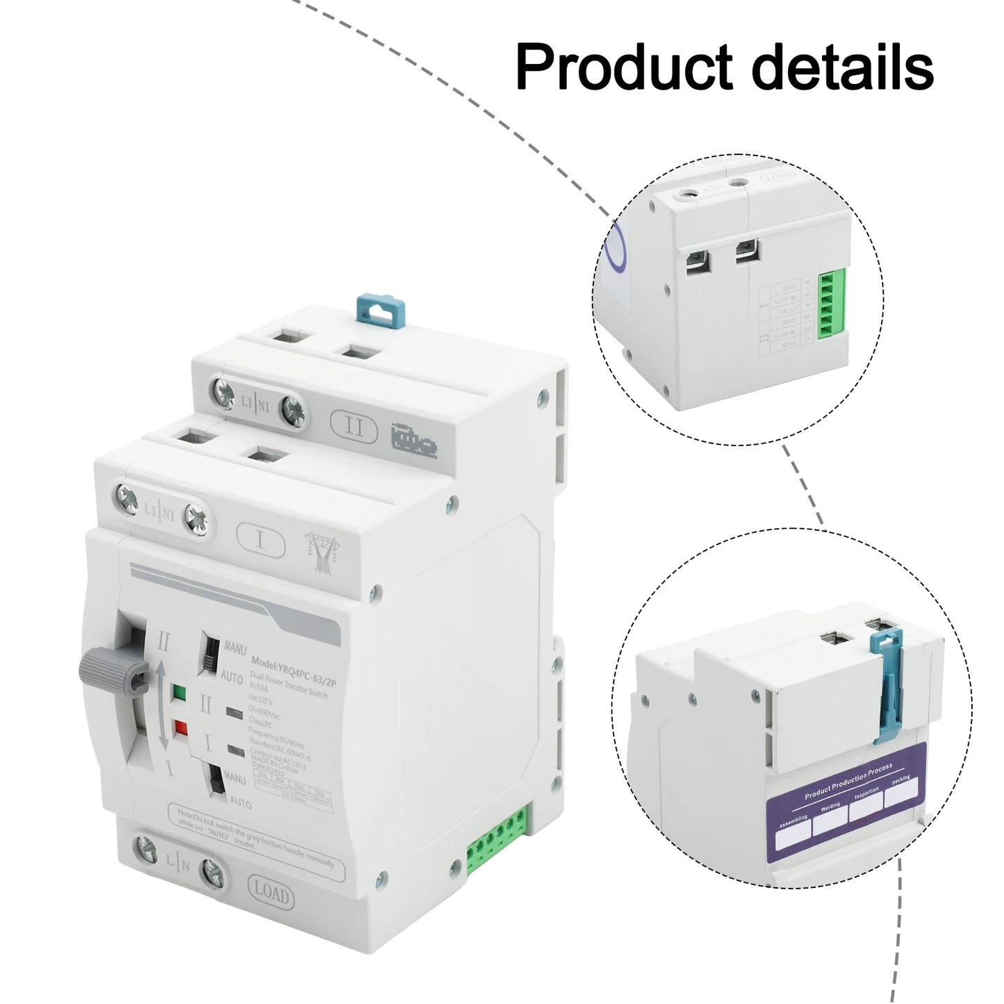 Dual Power Electrical Transfer Switch for ATS 2P 63A 220V Designed for Generator Use to Automatically Manage Power Sources