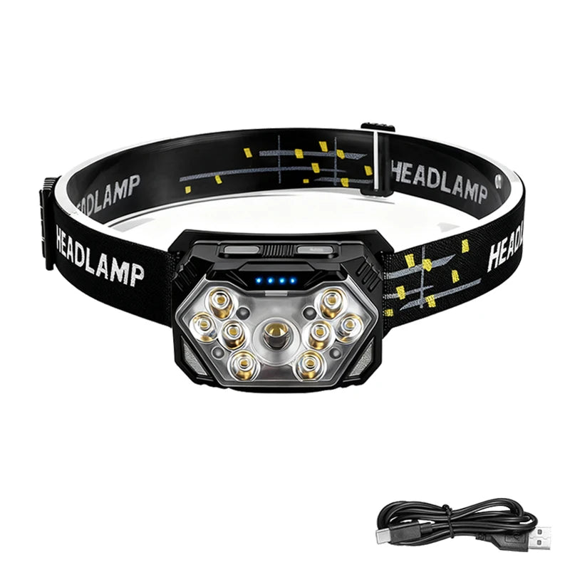 Rechageable LED Motion Sensor Headlight 9 Led Strong Light Headlamp Portable Fishing Camping Outdoor Head Lamp Work Flashlight