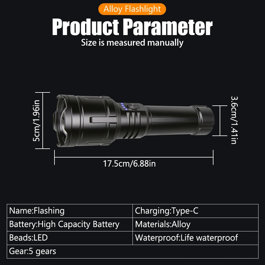 Super Bright Flashlight with Flame Ignition Type-C Rechargeable Outdoor Zoomable Aluminum Alloy Floodlight Camping Adventure