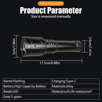 Super Bright Flashlight with Flame Ignition Type-C Rechargeable Outdoor Zoomable Aluminum Alloy Floodlight Camping Adventure