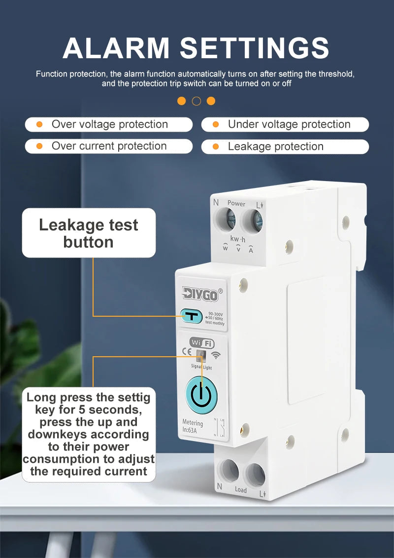 DGB-63TD Tuya WiFi Smart Switch, Current Voltage Leakage Protection Metering Circuit Breaker, Remote Control Wireless Timer Relay