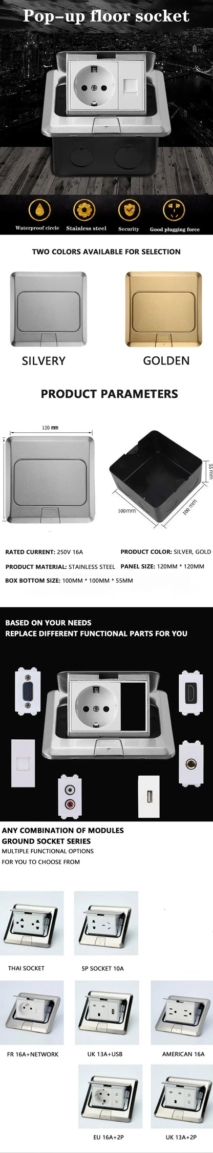 Floor Electrical Outlet Pop Up Kitchen Countertop Waterproof Sockets Pop Out Receptacle Stainless Steel Box Golden Cover 15A