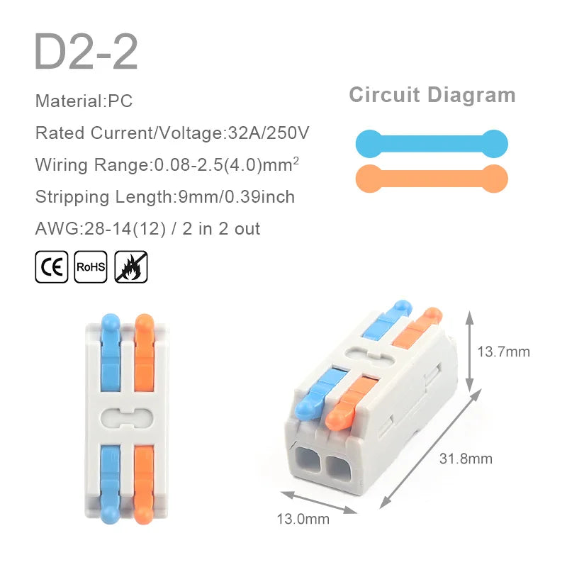 10PCS Universal Compact Wire Connector Splitter Quick Electrical Cable Splice Terminal Block for 28-12AWG Small Wiring Connector