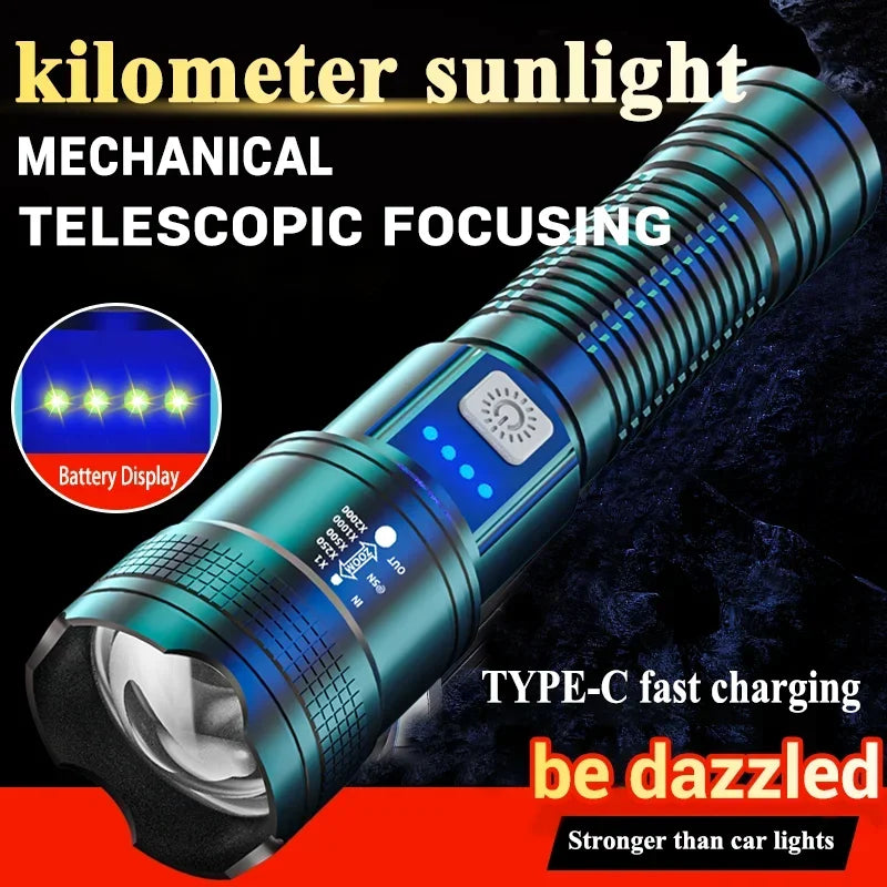 Telescopic Zoom Flashlight Rechargeable Torch Smart Display