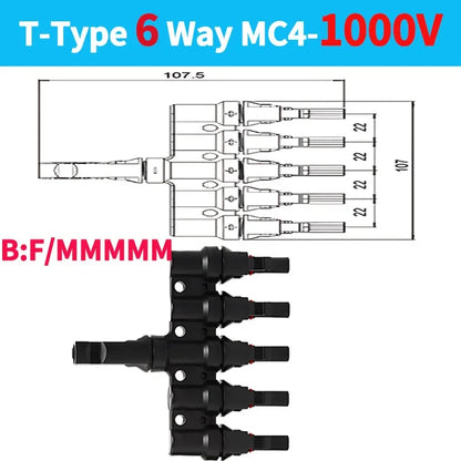 PV T Branch Photovoltaic Solar Connector 1000V 30A Male Female 1 to 2 3 4 5 6 PV Plug 2 3 4 5 6IN 1OUT Adapter