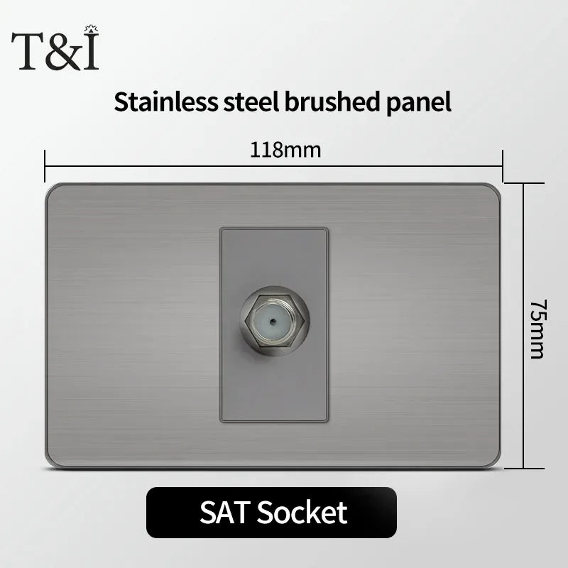 Stainless Steel Wall Socket 118x75mm Italian-Style with USB-C Schuko Chilean Plug Brushed Finish for Home Office