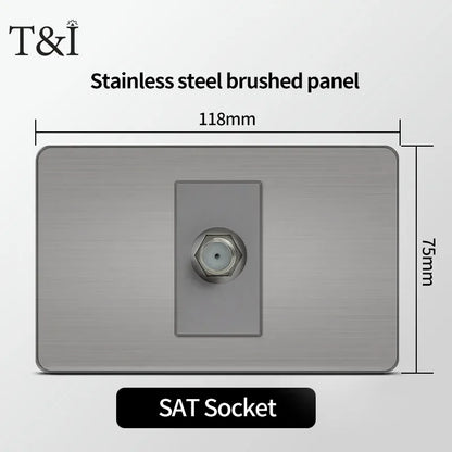 Stainless Steel Wall Socket 118x75mm Italian-Style with USB-C Schuko Chilean Plug Brushed Finish for Home Office