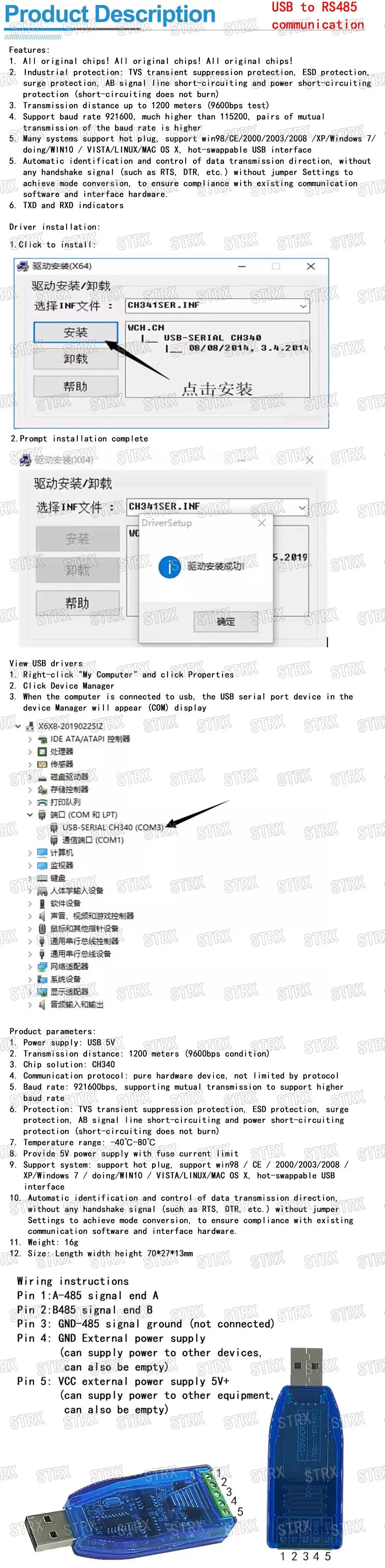 USB to RS485 Converter Adapter Module CH340 PL2303 FT232RL for Arduino Communication