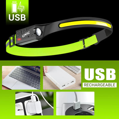 Sensor Headlamp LED Head Flashlight Rechargeable Headlight Built-in 1200mAh Battery 5 Lighting Modes Fishing Camping Lantern