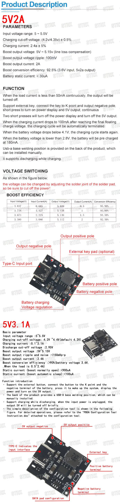 Type-C USB 5V 2A Boost Converter Step-Up Power Module with Lithium Battery Charging and Protection, LED Display