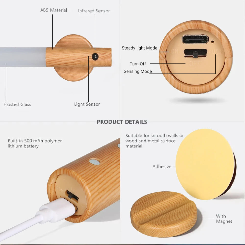 Creative LED Wood Wall Light Motion Sensor Type-C Night Lamp
